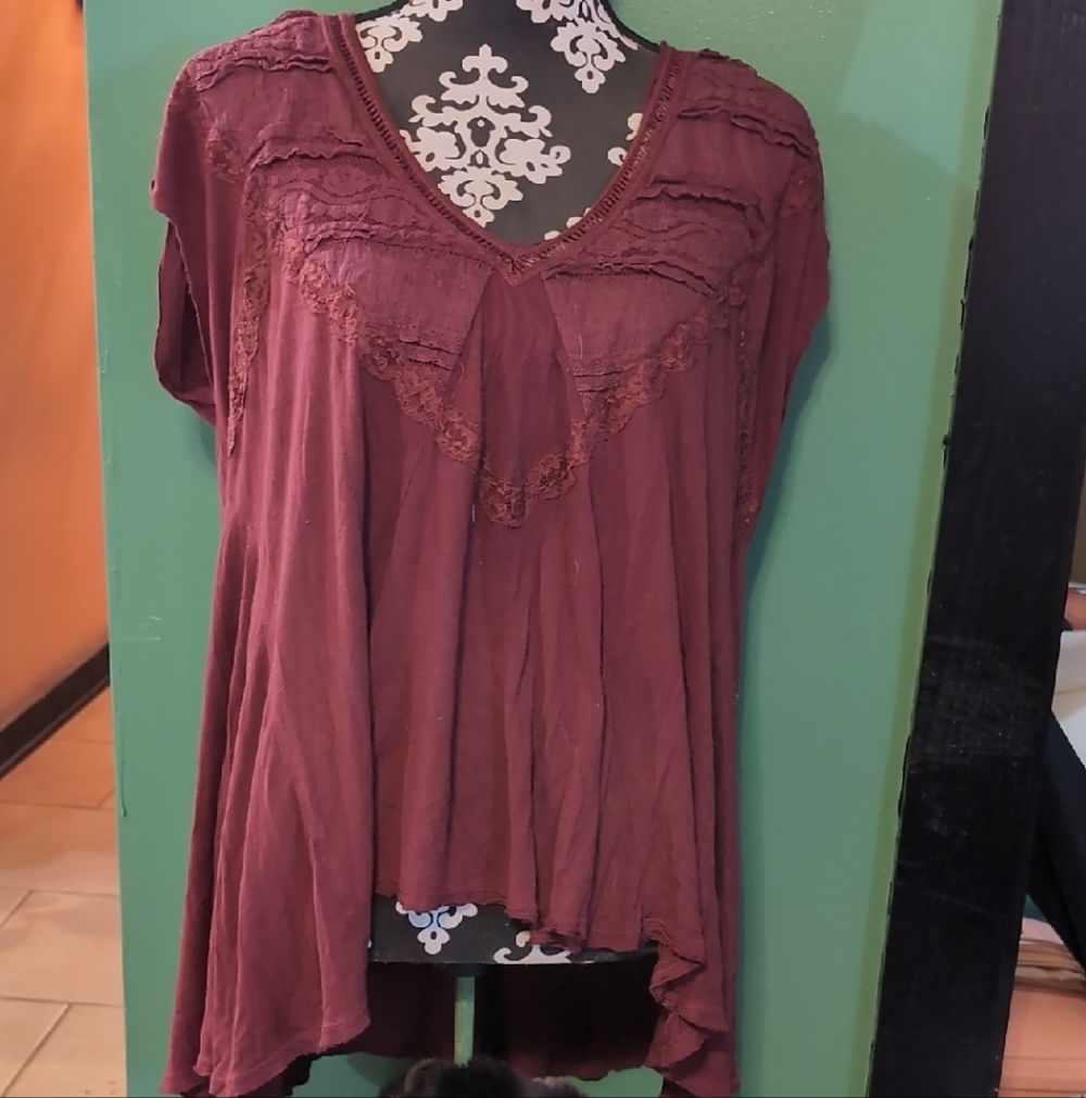 Free People Burgundy Lace Trim Blouse